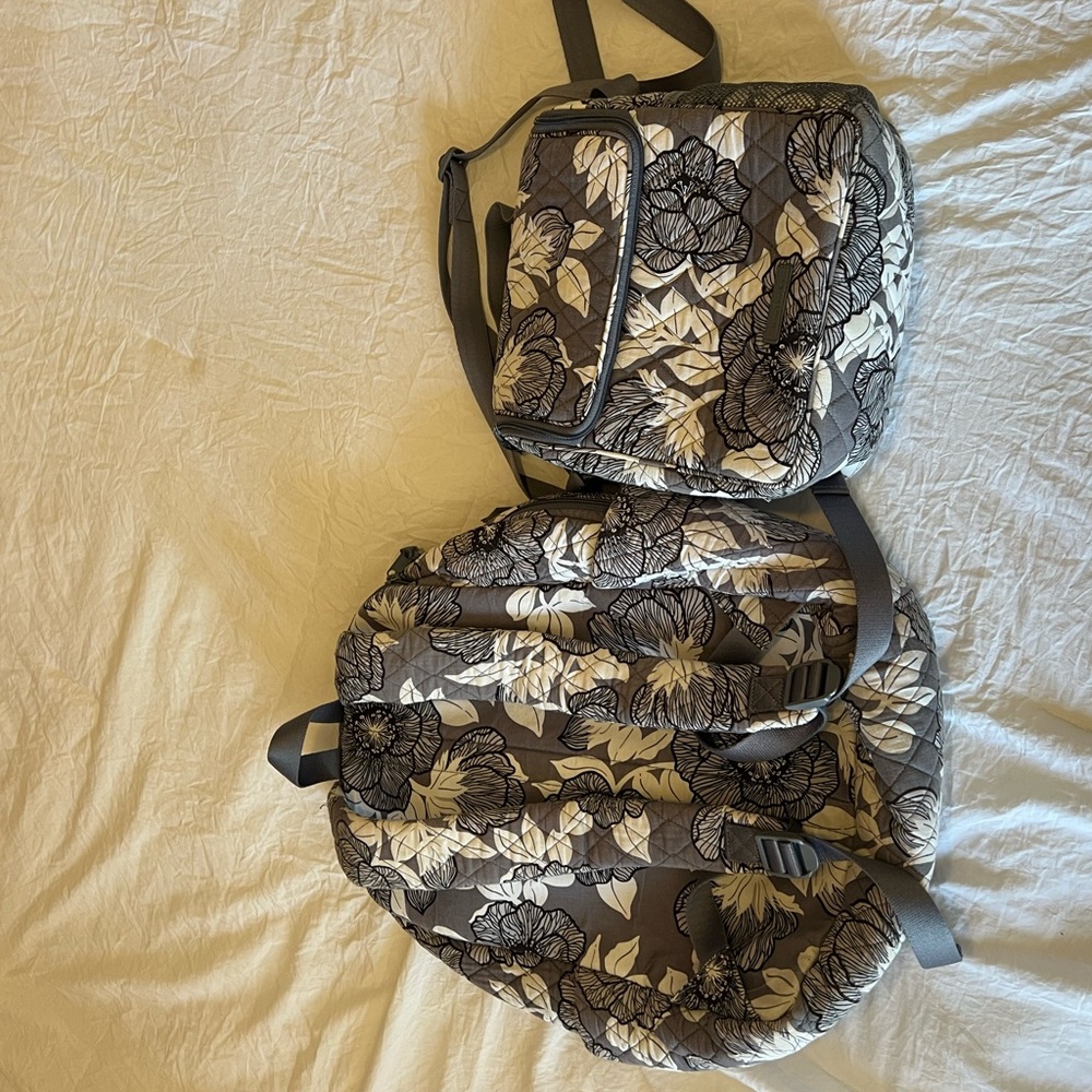 Vera Bradley Black and Cream Floral Backpack Set